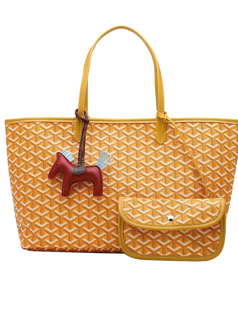 Mustard Ylw Geometric Large Tote Bag Detachable Pouch Go yard Style Faux Leather